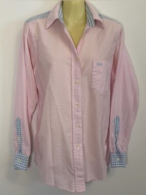 Fraternity Collection Pink Seersucker Button-Up Shirt with Blue Check Accents